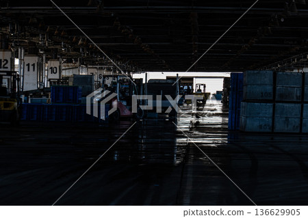 Light streaming in and the silhouette of a forklift inside the fish market at Ogawa Fishing Port in Yaizu City, Shizuoka Prefecture 136629905
