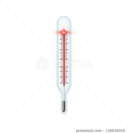 High Temperature Mercury Thermometer with Red Liquid and Glowing Heat Effect on White Background Medical Equipment 136630056