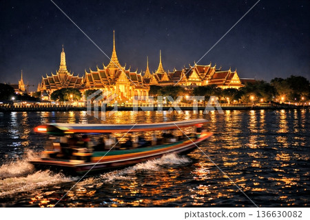 View of the majestic beautiful illuminated Grand Palace on the riverbank of the Chao Phraya River in Bangkok, Thailand on the dark night sky with Thai boat running along the river. 136630082