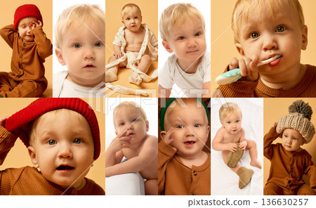 Baby daily routine moments collage with close up portraits hygiene care and cozy home lifestyle. 136630257