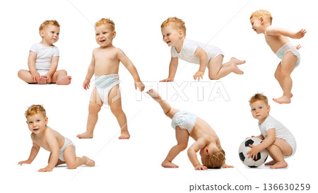 Baby development collage with toddler sitting crawling standing and playing soccer ball isolated on white. Baby development collage with toddler sitting crawling standing and playing soccer ball isolated on white. 136630259