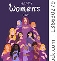 International Womens Day illustration featuring diverse women of different cultures, ethnicities, and religions standing together in unity. 136630279