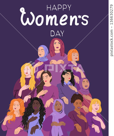 International Womens Day illustration featuring diverse women of different cultures, ethnicities, and religions standing together in unity. International Womens Day illustration featuring diverse women of different cultures, ethnicities, and religions standing together in unity. 136630279