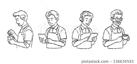 Modern male barista and cafe staff hand drawn vector line art set with tablet ordering and headphones for digital cafe management and branding design 136630583