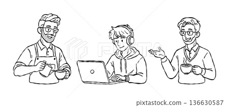 Modern male character cafe lifestyle hand drawn vector line art set with barista pouring latte art freelance laptop working and social interaction 136630587
