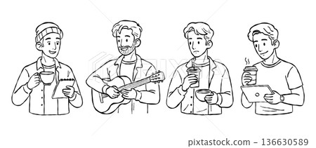 Modern male character cafe lifestyle hand drawn vector line art set with guitar player musician and tablet working for creative hobby and social design 136630589