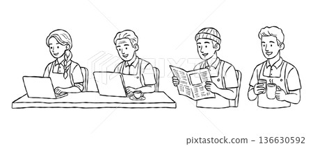 Modern cafe workspace lifestyle hand drawn vector line art set with people laptop working reading newspaper and barista for digital office and social design Modern cafe workspace lifestyle hand drawn vector line art set with people laptop working reading newspaper and barista for digital office and social design 136630592