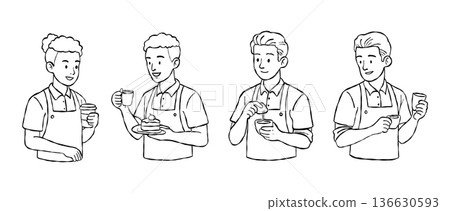 Friendly male barista and cafe staff hand drawn vector line art set with coffee takeaway cake serving and espresso tasting for bakery branding and social design Friendly male barista and cafe staff hand drawn vector line art set with coffee takeaway cake serving and espresso tasting for bakery branding and social design 136630593