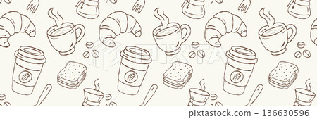 Seamless coffee and bakery pattern hand drawn vector line art background with croissant hot cup and bread for cafe packaging and wallpaper design Seamless coffee and bakery pattern hand drawn vector line art background with croissant hot cup and bread for cafe packaging and wallpaper design 136630596