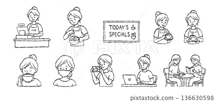 Modern female barista and woman cafe lifestyle hand drawn vector line art set with latte art making and laptop working for social media and web design Modern female barista and woman cafe lifestyle hand drawn vector line art set with latte art making and laptop working for social media and web design 136630598