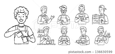Cartoon of male barista team and cafe staff hand drawn vector line art set with latte art making espresso service and smiling hospitality characters 136630599