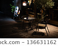 Cafe terrace seats at night, empty tables and chairs, street corner scenery 136631162