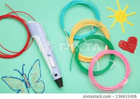 3d handle pen and 3d painting figures in concept of handmade STEM education. Space for text 136631406