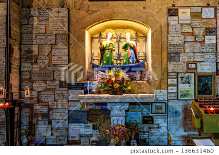 Saintes-Maries-de-la-Mer, France - Nov 04, 2025: Interior the church notre dame in Saintes-Maries-de-la-Mer, France. Saintes-Maries-de-la-Mer, France - Nov 04, 2025: Interior the church notre dame in Saintes-Maries-de-la-Mer, France. 136631460