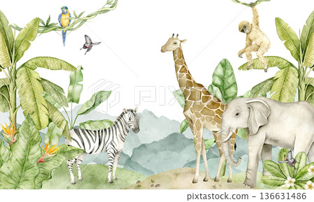 Watercolor safari jungle wallpaper illustration with giraffe, elephant, zebra, monkey, parrots and tropical plants. Animal themed wall design for nursery interior, kids room decor, playroom styling. Watercolor safari jungle wallpaper illustration with giraffe, elephant, zebra, monkey, parrots and tropical plants. Animal themed wall design for nursery interior, kids room decor, playroom styling. 136631486