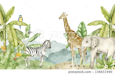 Watercolor safari jungle wallpaper illustration with giraffe, elephant, zebra, monkey, parrots and tropical plants. Animal themed wall design for nursery interior, kids room decor, playroom styling. Watercolor safari jungle wallpaper illustration with giraffe, elephant, zebra, monkey, parrots and tropical plants. Animal themed wall design for nursery interior, kids room decor, playroom styling. 136631490