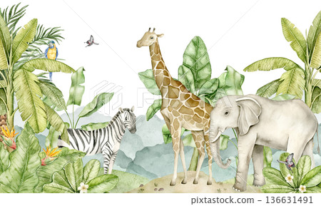 Watercolor safari jungle wallpaper illustration with giraffe, elephant, zebra, monkey, parrots and tropical plants. Animal themed wall design for nursery interior, kids room decor, playroom styling. Watercolor safari jungle wallpaper illustration with giraffe, elephant, zebra, monkey, parrots and tropical plants. Animal themed wall design for nursery interior, kids room decor, playroom styling. 136631491