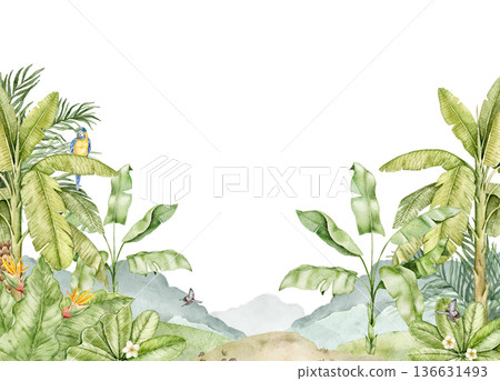 Watercolor jungle wallpaper with tropical plants, palm leaves, Strelitzia and macaw parrot. Decorative wall print for nursery interior, kids room decor, playroom design, nature themed spaces. 136631493