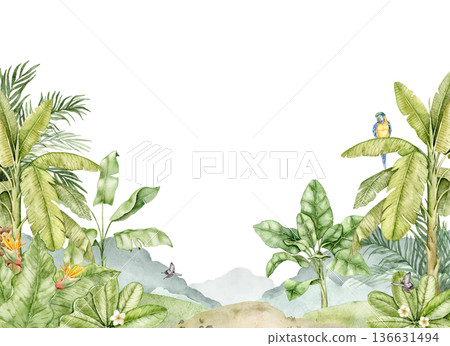 Watercolor jungle wallpaper with tropical plants, palm leaves, Strelitzia and macaw parrot. Decorative wall print for nursery interior, kids room decor, playroom design, nature themed spaces. 136631494