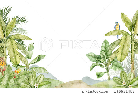 Watercolor jungle wallpaper illustration with tropical plants, palm leaves, Strelitzia and parrot. Decorative wall print for nursery interior, kids room decor, playroom design, nature themed spaces. Watercolor jungle wallpaper illustration with tropical plants, palm leaves, Strelitzia and parrot. Decorative wall print for nursery interior, kids room decor, playroom design, nature themed spaces. 136631495