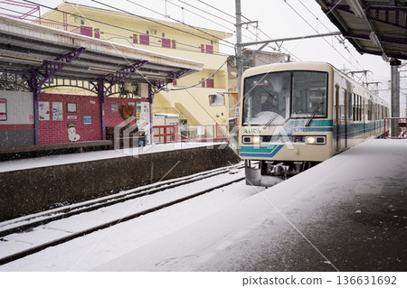 Tram running in the snow Tram running in the snow 136631692