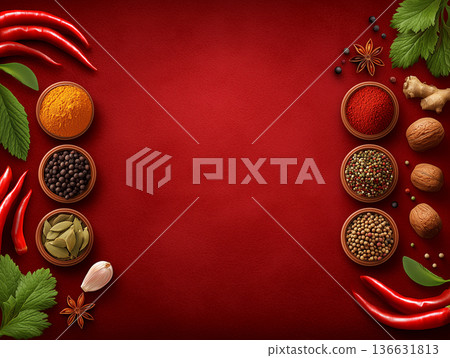 以紅色為背景的烹飪背景素材，包含香料和草藥。 136631813