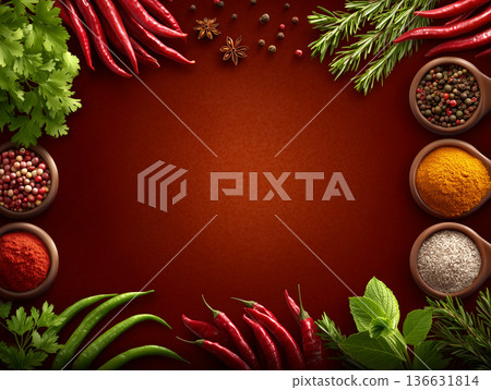 以紅棕色為底，四角飾有香草和香料的烹飪背景 136631814
