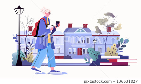 Active senior woman student campus walking autumn learning modern elderly person with backpack coffee books cityscape outdoor flat design Active senior woman student campus walking autumn learning modern elderly person with backpack coffee books cityscape outdoor flat design 136631827