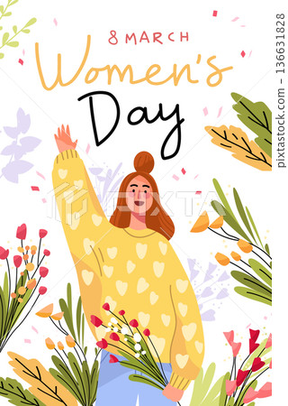 8 March womens day celebration woman holding flowers floral plants colorful leaves cheerful character festive greeting card 8 March womens day celebration woman holding flowers floral plants colorful leaves cheerful character festive greeting card 136631828