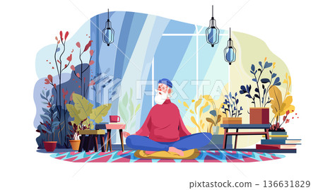 Senior man meditating yoga mindfulness indoor plants cozy room books colorful modern home Senior man meditating yoga mindfulness indoor plants cozy room books colorful modern home 136631829