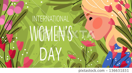 8 March womens day holiday blonde woman flowers green background floral pattern colorful leaves modern banner 8 March womens day holiday blonde woman flowers green background floral pattern colorful leaves modern banner 136631831