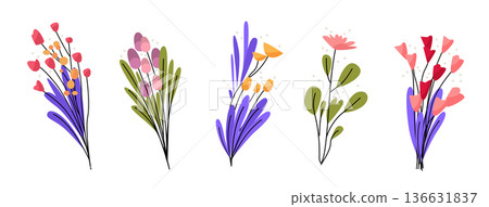 8 March womens day floral bouquets celebration colorful flowers leaves abstract design white background 136631837