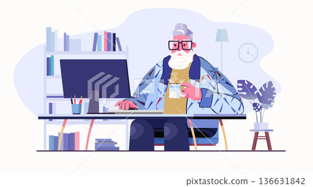 Senior man working computer home office remote work elderly person modern workspace coffee cup bookshelf plant flat design Senior man working computer home office remote work elderly person modern workspace coffee cup bookshelf plant flat design 136631842