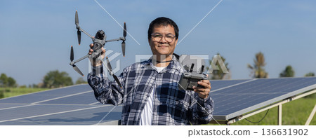 Modern Technologies in Agriculture. Farmer with drone on the farm field. Smart farming and precision agriculture. Modern Technologies in Agriculture. Farmer with drone on the farm field. Smart farming and precision agriculture. 136631902