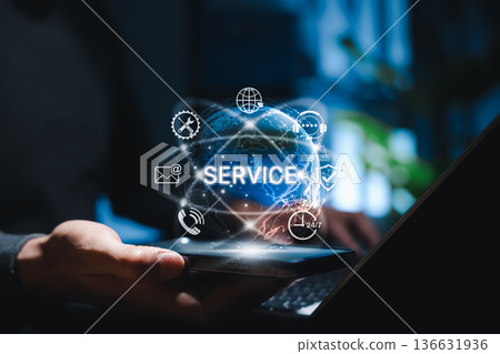Global digital service concept. Icons of support, communication, 24/7 assistance on virtual screen. symbolizing online helpdesk, customer support, IT services, troubleshooting and business solutions. 136631936