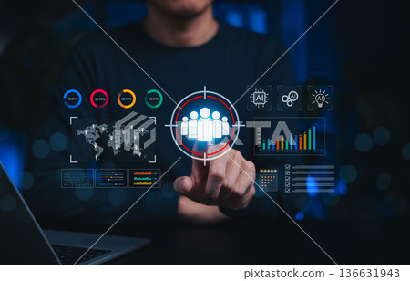 AI-powered customer targeting and data analytics concept with digital interface and target audience. symbolizing marketing strategy, segmentation, CRM, personalization, business intelligence platforms 136631943