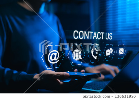 Contact us concept with icons for email, web, phone, call, and chat representing customer service, tech support, online business and communication platforms. modern digital business connectivity 136631950