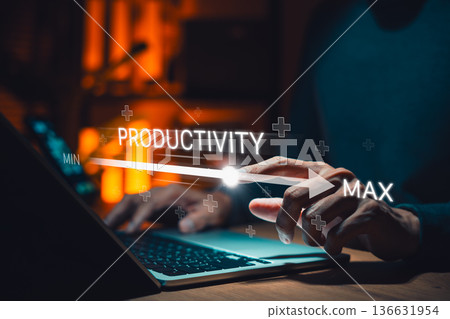 Increasing Productivity and Efficiency Concept. Businessman adjusting virtual slider from min to max, process to increase productivity and efficient. progress and optimization in business operations. Increasing Productivity and Efficiency Concept. Businessman adjusting virtual slider from min to max, process to increase productivity and efficient. progress and optimization in business operations. 136631954