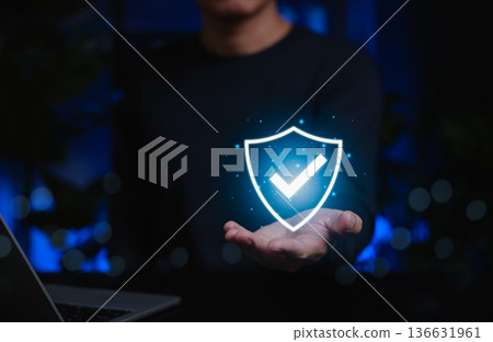 Person holding glowing digital shield with check mark icon representing online security, safety, cybersecurity assurance, insurance, trust, data protection, authentication, verified system, compliance 136631961