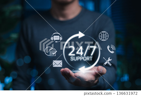 24/7 customer service and technical support concept. User holding glowing icon surrounded by communication symbols, representing nonstop assistance, helpdesk service and global connectivity. 24/7 customer service and technical support concept. User holding glowing icon surrounded by communication symbols, representing nonstop assistance, helpdesk service and global connectivity. 136631972