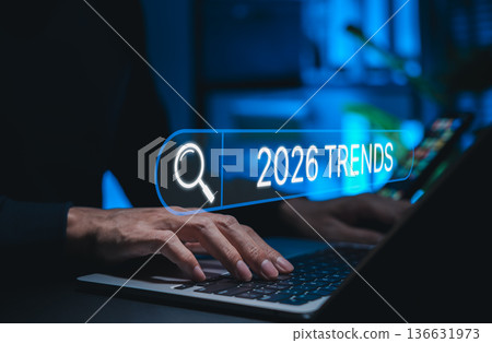 Trends 2026 year concept. Businessman using search bar with 2026 Trends text. Ideal for future technology, digital innovation, SEO marketing, market forecast, business strategy upcoming trend. Trends 2026 year concept. Businessman using search bar with 2026 Trends text. Ideal for future technology, digital innovation, SEO marketing, market forecast, business strategy upcoming trend. 136631973