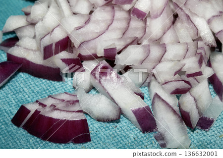 Chopped red onions close up vegetables for cooking Chopped red onions close up vegetables for cooking 136632001