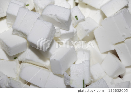 Close up white cube vegan feta cheese sliced food 136632005