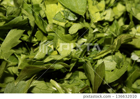 Close up of chopped fresh green herbs basil coriander parsley Close up of chopped fresh green herbs basil coriander parsley 136632010