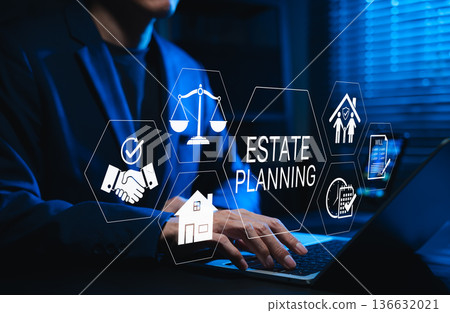 Estate planning concept. Businessman using digital interface for managing legal documents, assets, house, family inheritance, and will preparation, insurance, testament, financial security, and trust. Estate planning concept. Businessman using digital interface for managing legal documents, assets, house, family inheritance, and will preparation, insurance, testament, financial security, and trust. 136632021