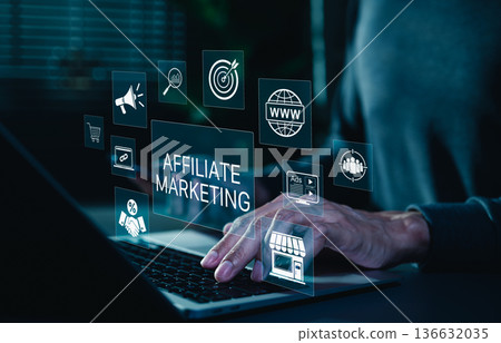 Affiliate marketing strategy concept. Person using laptop with icons showing online promotion, advertising, sales commission, tracking links, and digital content monetization on ecommerce platforms. 136632035