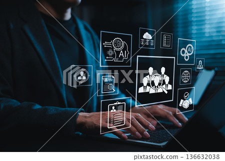 AI recruitment and candidate screening concept. Icons showing resume analysis, talent selection, automation, smart hiring process, Artificial intelligence for modern HR system and workforce management AI recruitment and candidate screening concept. Icons showing resume analysis, talent selection, automation, smart hiring process, Artificial intelligence for modern HR system and workforce management 136632038