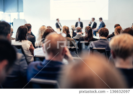 Interview and round table discussion at business convention and presentation. Audience at the conference hall. Business and entrepreneurship symposium. Interview and round table discussion at business convention and presentation. Audience at the conference hall. Business and entrepreneurship symposium. 136632097