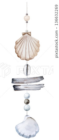 Vertical watercolor seashell garland with beads on string, coastal boho wedding illustration Vertical watercolor seashell garland with beads on string, coastal boho wedding illustration 136632269
