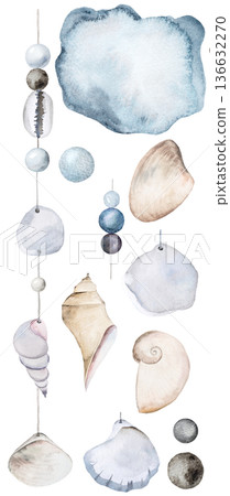 Vertical watercolor seashell garland with beads on string, coastal boho wedding illustration 136632270